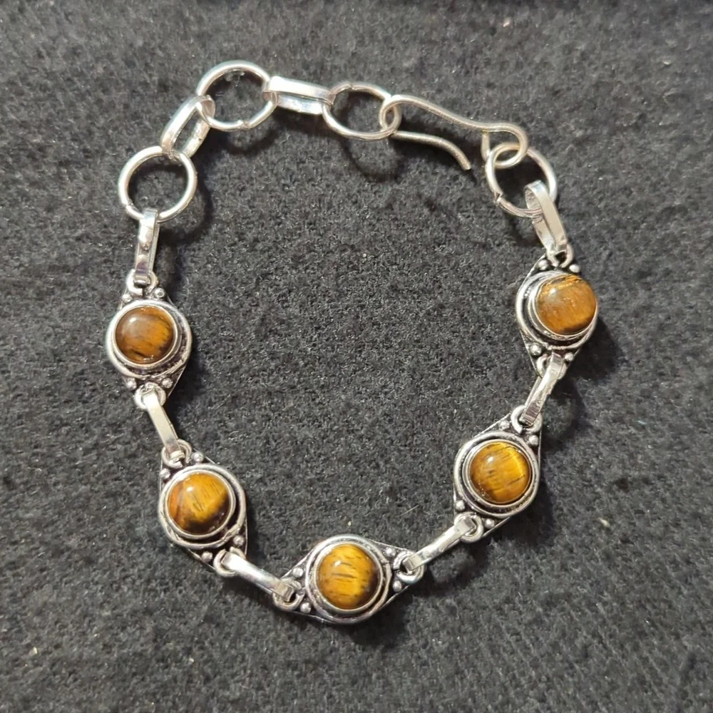 Silver Plated Brown Tiger's Eye Gemstone Dainty Delicate Statement Bracelet